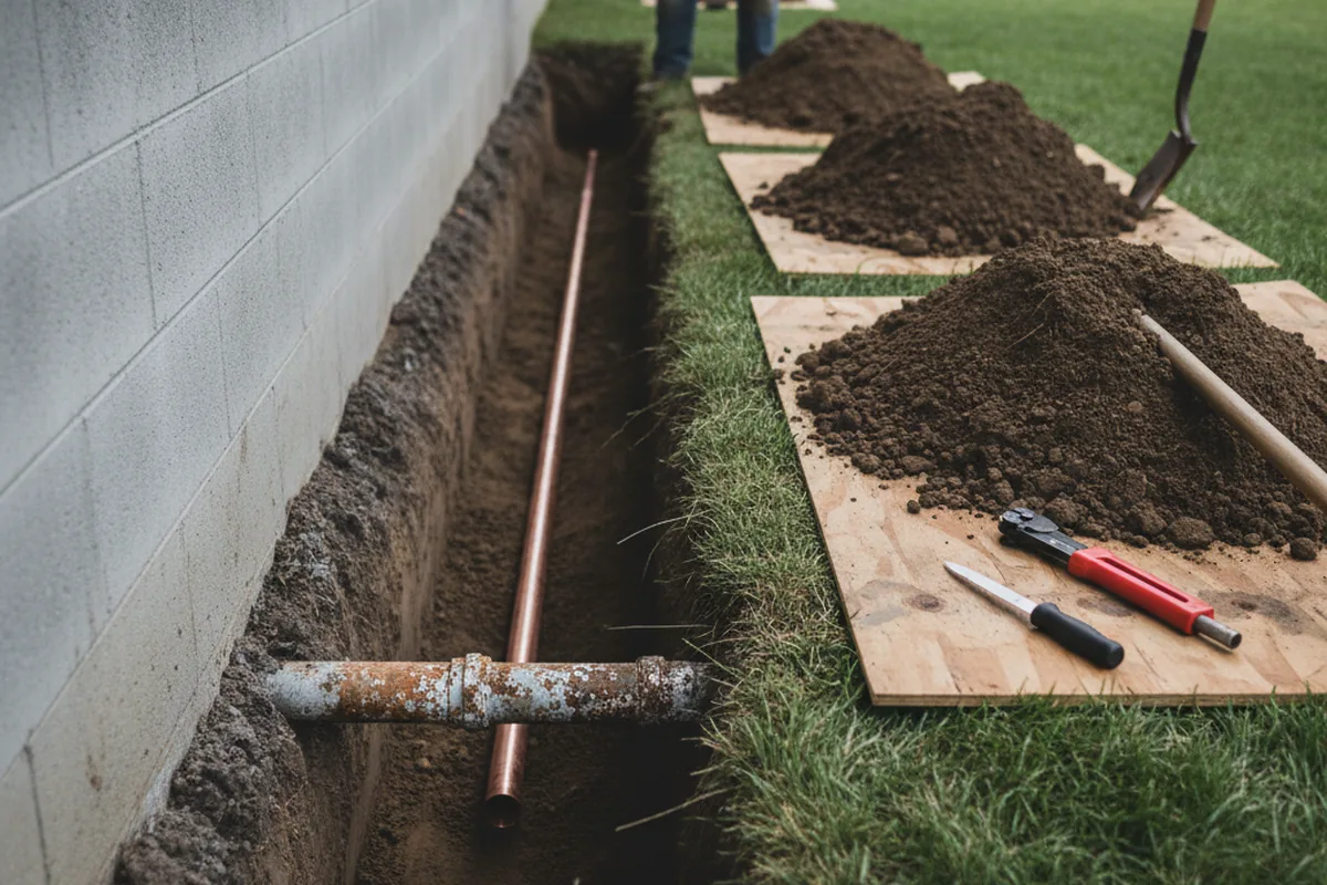 Excavated water line trench during Water Softener Installation in College Station